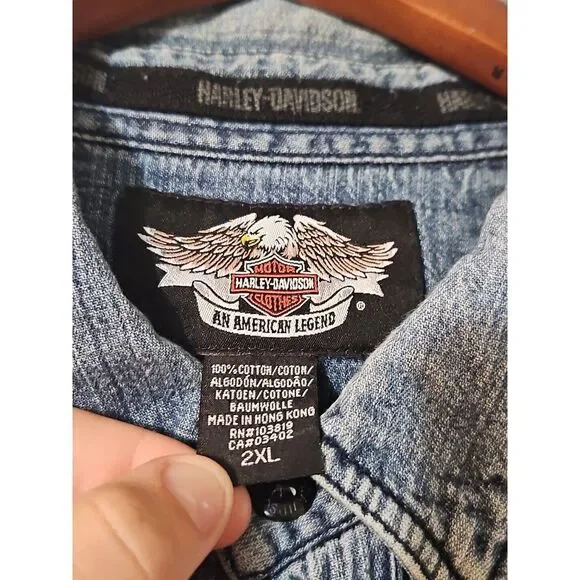 Vintage Harley Davidson Embroidered Blue Denim Button Down Shirt Men's Size 2XL - Picture 5 of 9